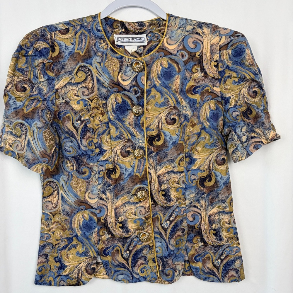 Jessica Howard Vintage Blouse 10 Blue Gold‎ Excellent